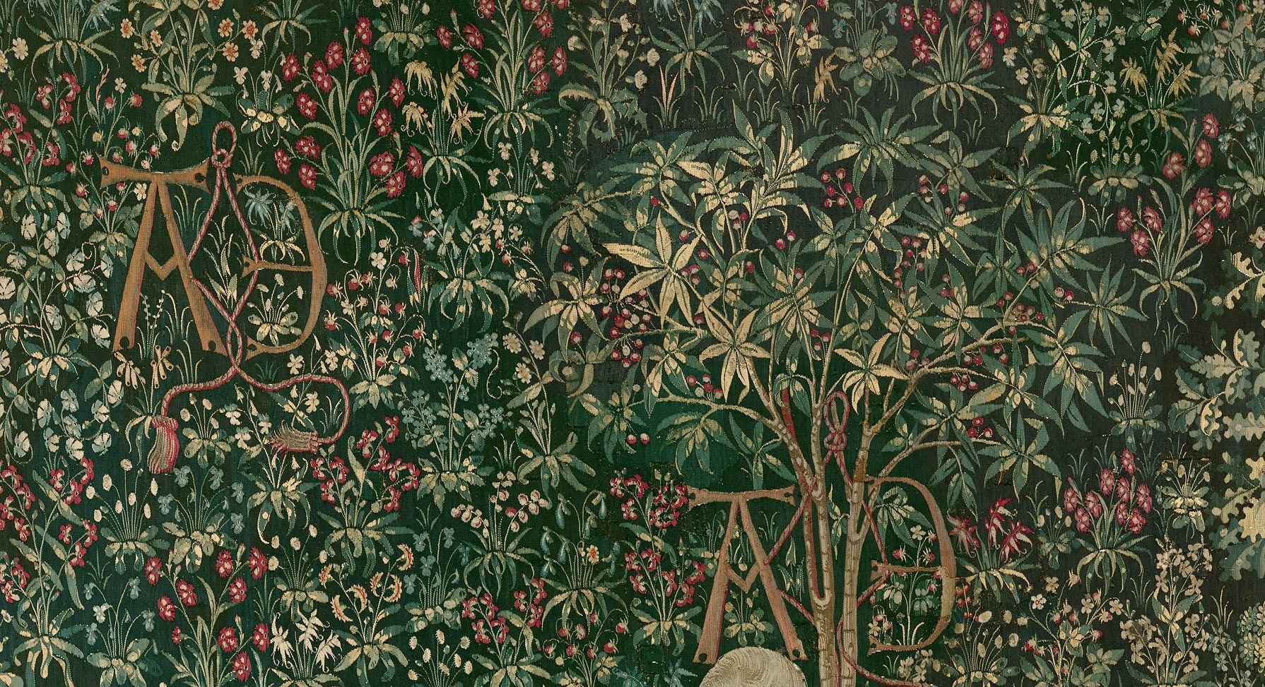 Die Jäger betreten den Wald (aus den Einhorn-Tapisserien) (Detail), Frankreich (Karton)/Südliche Niederlande (gewebt), 1495–1505, Kettfaden aus Wolle, Schussfaden aus Wolle, Seide, Silber und Gold, 368.3 x 315 cm, New York, Metropolitan Museum of Art, Inv. Nr. 37.80.1.